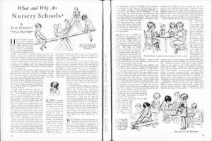 Offenes Buch mit Illustrationen von spielenden Kindern in einer Kita, Text und eine Tabelle mit Gegenständen.