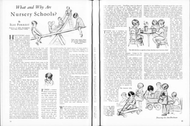 Offenes Buch mit Illustrationen von spielenden Kindern in einer Kita, Text und eine Tabelle mit Gegenständen.