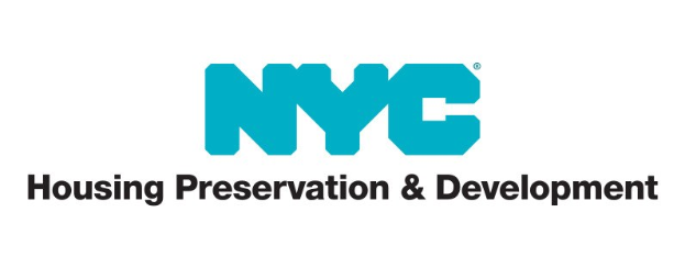 Weißer Hintergrund mit zentrierter fetter schwarzer Schrift "NYC Housing Preservation & Development" in moderner Schriftart, eingerahmt von einem dünnen schwarzen Rand.