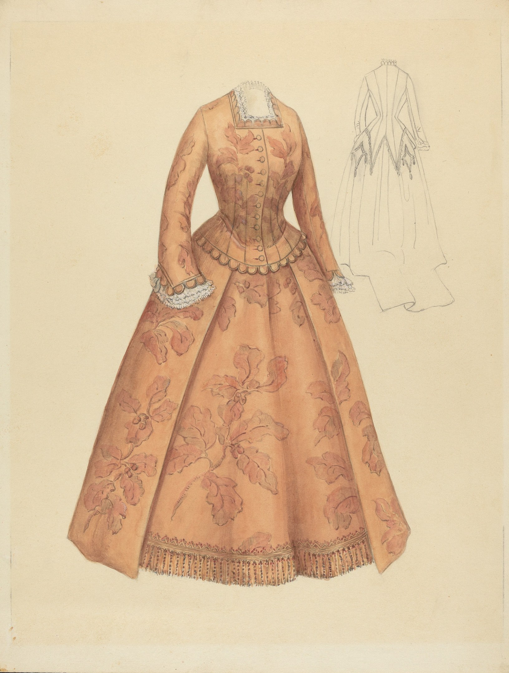 Ein detailliertes Kostümdesign aus dem 18. Jahrhundert für ein bodenlanges Kleid mit hohem Kragen, floral gemustertem Oberteil in Rosa, Lila und Blau sowie einem Spitzenbesatz am Rock.