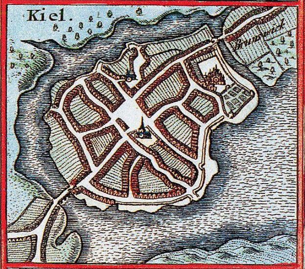 Ein detaillierter Stadtplan von Kiel, der Straßen, Gebäude und Sehenswürdigkeiten zeigt, mit Text oben und unten im Bild.