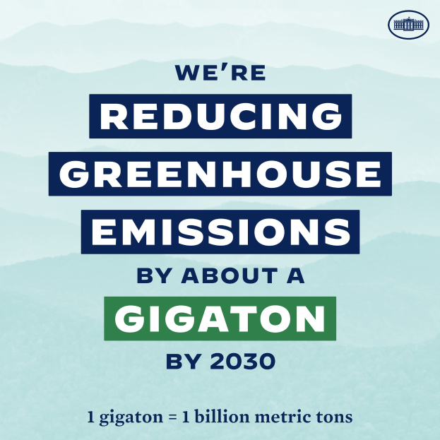 Ein Plakat mit Text und Logo, auf dem steht: "Wir reduzieren die Treibhausgasemissionen um etwa eine Gigatonne bis 2030".