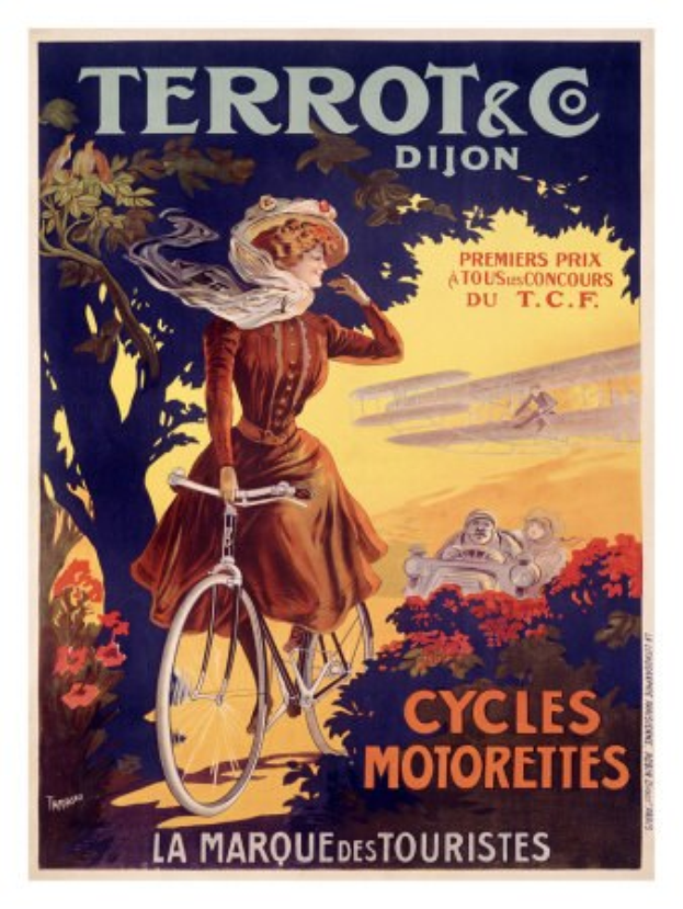 Ein Plakat, das eine Radtour in Frankreich ankündigt und eine Frau auf einem Fahrrad zeigt, umgeben von Bäumen, Blumen und anderen Menschen, mit Text, der die Tour beschreibt.