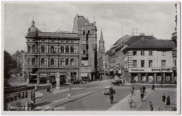 Ein Schwarz-Weiß-Foto einer belebten Münchner Stadtstraße mit Menschen, Fahrzeugen, Gebäuden mit Fenstern, Bäumen und einem klaren Himmel im Hintergrund und Text unten.