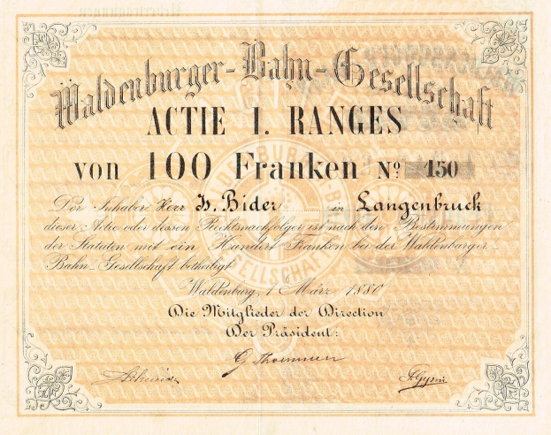 Alte deutsche Banknote mit einem Männerporträt, mit der Inschrift "Haldenburger-Balm Gesellschaft Actie 1 Ranges".