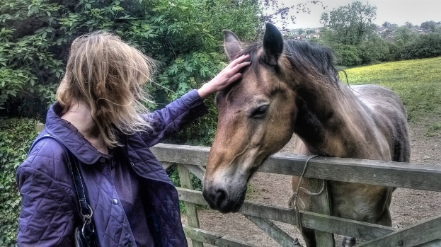 Eine Frau in blauer Weste und Handtasche steht neben einem Pferd vor einem hölzernen Tor, mit Bäumen und Gras im Hintergrund.