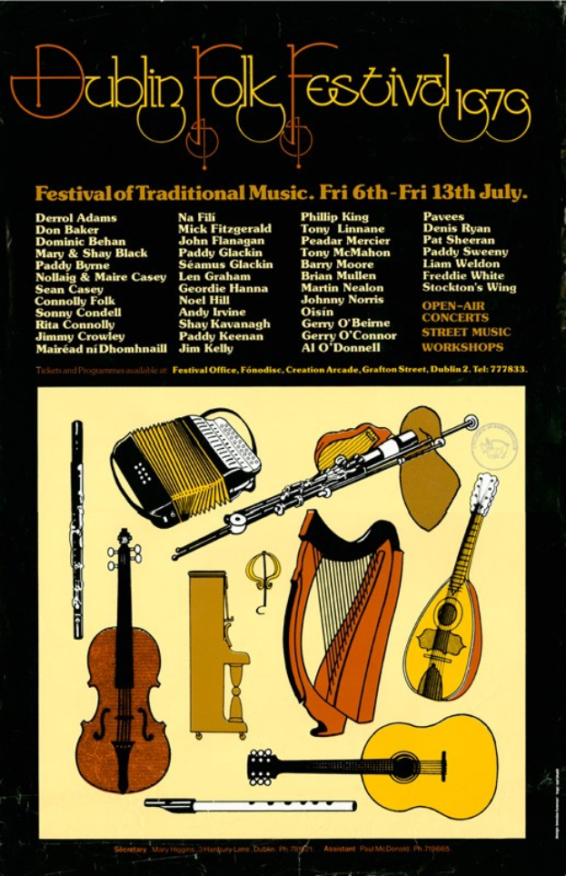 Plakat für das Dublin Folk Festival 1975, das verschiedene Musikinstrumente wie eine Gitarre, eine Harfe, eine Flöte und ein Schlagzeug zeigt, sowie Text, der Details zum Festival enthält.