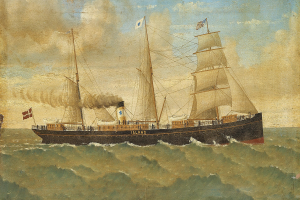 Ein Bild mit dem Titel 'Insel' aus dem Jahr 1847 zeigt ein Schiff, das Rauch ausstößt und von Pfählen, Flaggen und Menschen umgeben ist, mit einem bewölkten Himmel im Hintergrund.