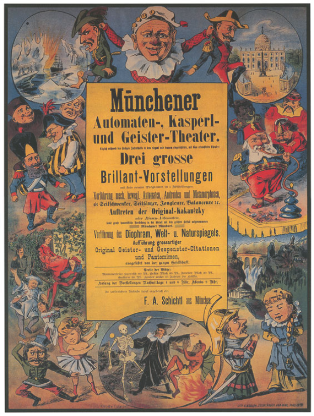 Ein nostalgischer deutscher Filmplakat für das Munchener Automaten-Kasperl- und Geister-Theater, das eine Gruppe von Menschen in bunten Kostümen in der Mitte zeigt, umgeben von Text.
