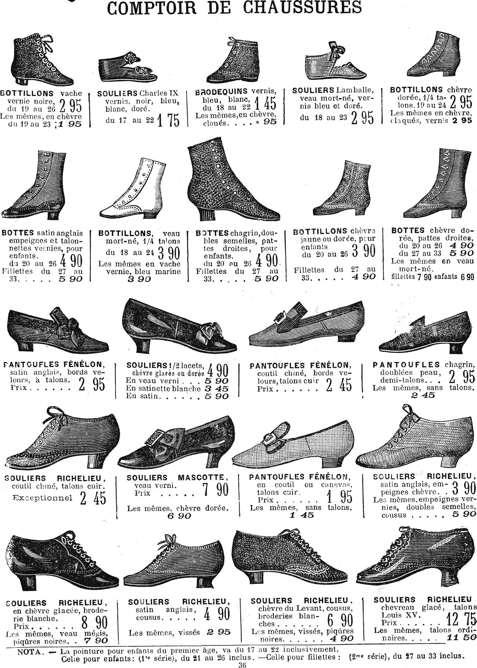 Eine Buchseite, die verschiedene Damenschuhe mit einzigartigen Designs, Preisschildern und Details zu Größe, Form und Farbe zeigt, die ordentlich angeordnet sind.
