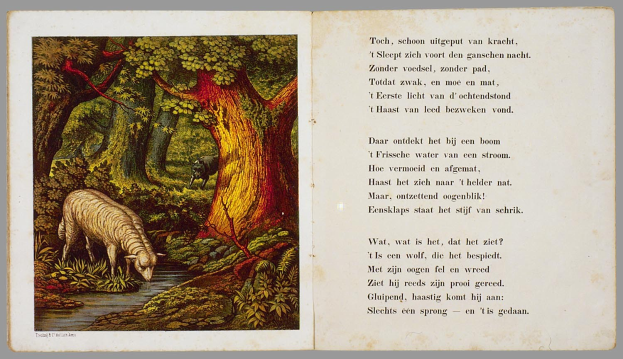 Offenes Buch mit einer Illustration eines Schafs, das in einem bewaldeten Gebiet grast, neben Text mit der Überschrift "Die Geschichte des Schafs".