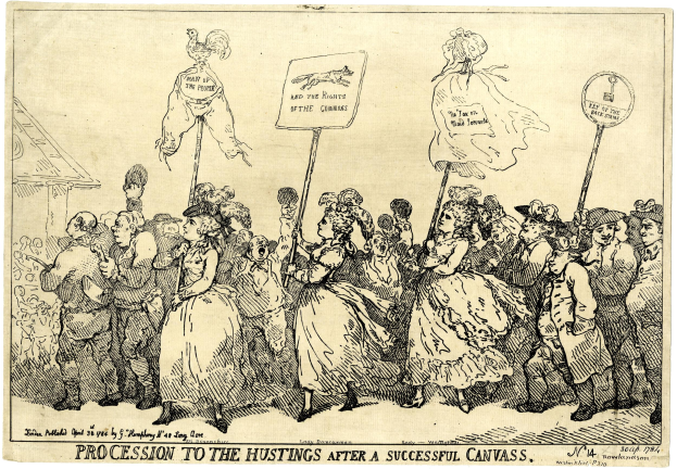 Schwarz-weiß-Illustration einer Menge mit Schildern, auf denen "Prozession zum Wahllokal nach einem erfolgreichen Wahlkampf" steht