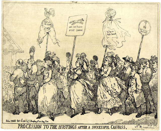 Schwarz-weiß-Illustration einer Menge mit Schildern, auf denen "Prozession zum Wahllokal nach einem erfolgreichen Wahlkampf" steht