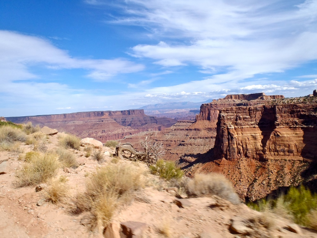 Eine trockene Strauchlandschaft mit Hügeln im Hintergrund.