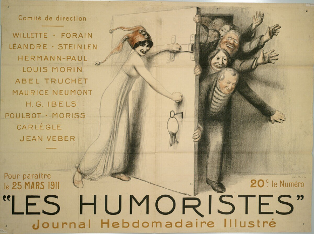 Ein buntes Plakat an einer Gebäudewand mit der Aufschrift 'Les Humoristes Journal Hebdomadaire Illustré', das fröhliche, lachende Menschen zeigt.