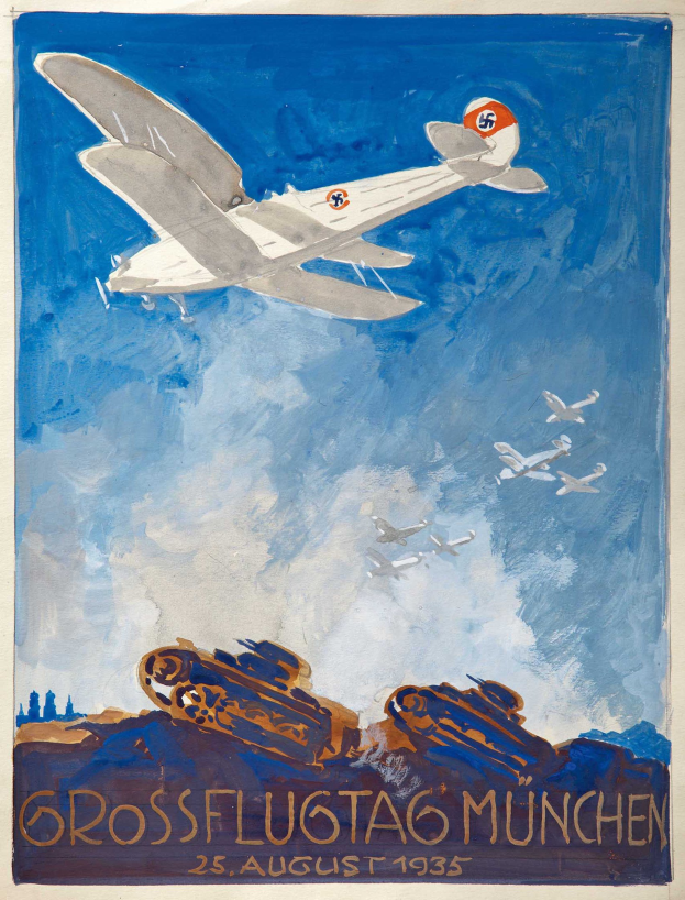 Plakat zur Ankündigung eines Luftfahrtfestivals in München am 25. August 1935, das mehrere Flugzeuge am Himmel zeigt.