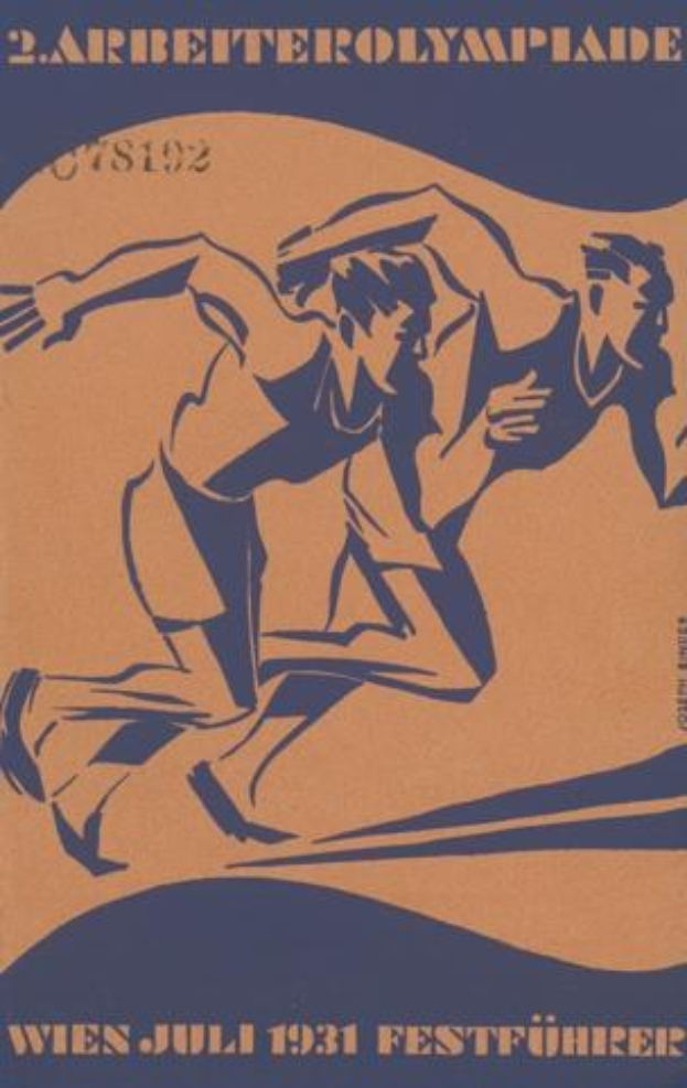 Plakat für die Olympischen Spiele 1932 in Berlin mit zwei Läufern im Vordergrund und Textinformationen.