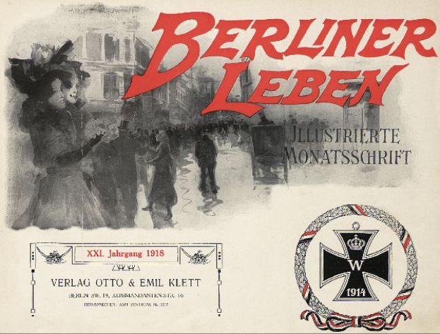 Ein altes Buchcover mit einer Gruppe von Menschen in festlicher Stimmung, Text "Berliner Leben" und ein Logo, das mit der deutschen Militär verbunden ist.