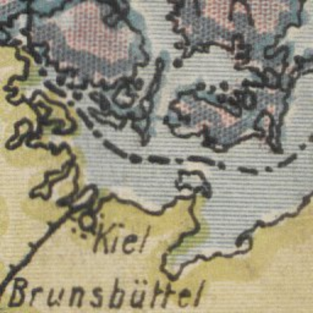 Eine detaillierte Karte von Deutschland in Blau-, Grün-, Gelb- und Weißtönen, mit der fett gedruckten Beschriftung "Kiel Brunsbüttel" in der Mitte, die geografische Merkmale wie Berge, Flüsse und Städte hervorhebt.