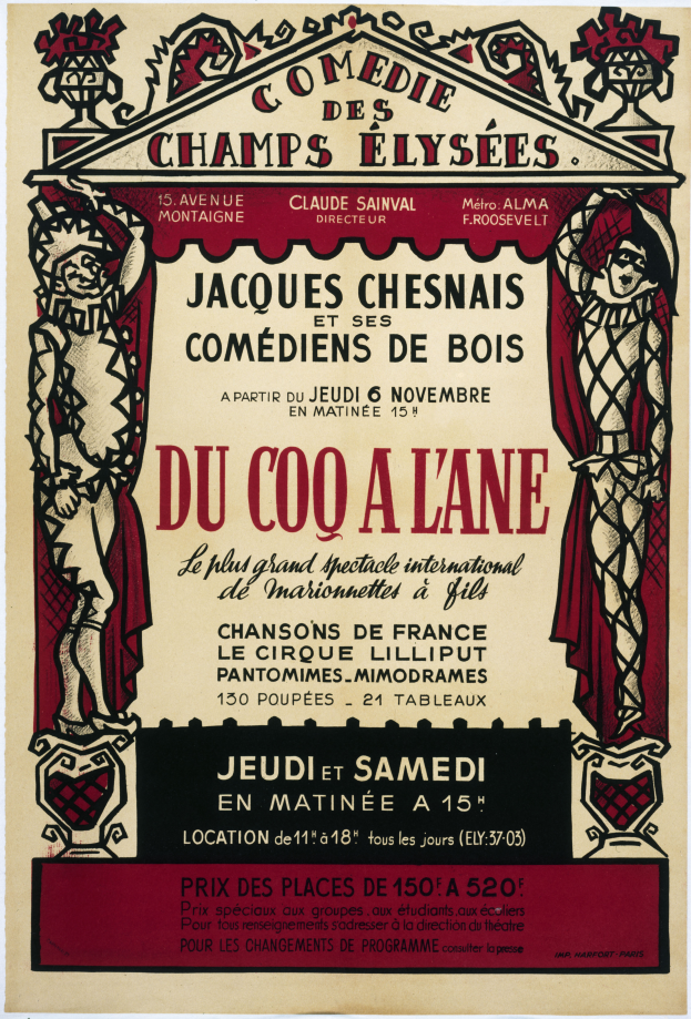 Plakat für eine Comedy-Show auf den Champs-Élysées in Paris, mit Text und Bildern.