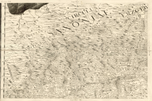 Eine alte Karte von Sachsen, Deutschland, die geographische Merkmale wie Flüsse, Berge und Städte zeigt, mit begleitendem Text.