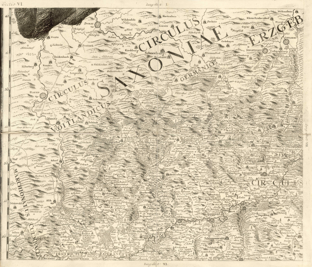 Eine alte Karte von Sachsen, Deutschland, die geographische Merkmale wie Flüsse, Berge und Städte zeigt, mit begleitendem Text.