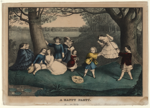 Gruppe von Kindern, die im Park spielen, einige sitzen auf dem Boden und andere stehen, umgeben von Bäumen und Gras mit 'Eine fröhliche Party' Text unten.