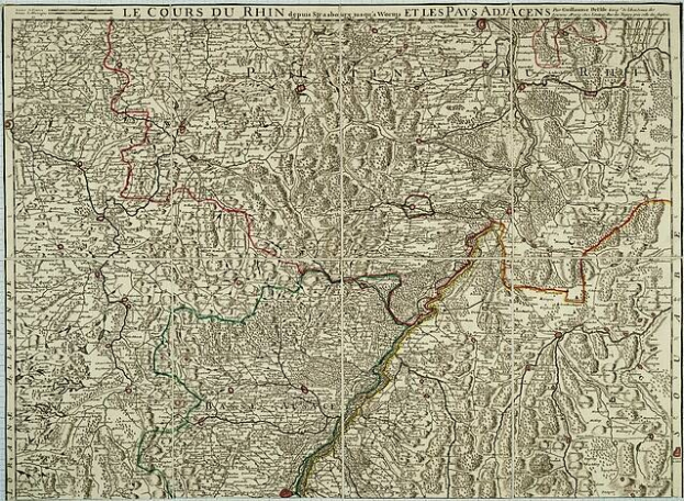 Alte Karte des Rheinhessen-Gebiets in Frankreich, mit dem Rheinfluss, auf Papier gedruckt mit Text oben und unten.