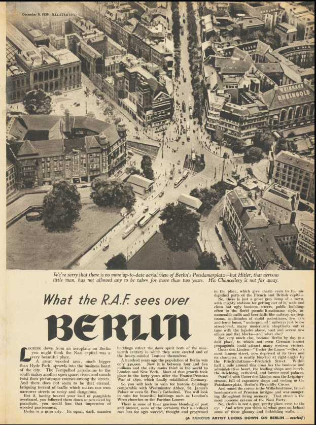 Eine alte Zeitung mit einer Stadtansicht, die Gebäude, Bäume und Fahrzeuge zeigt, begleitet von Text, der likely die Stadt beschreibt.