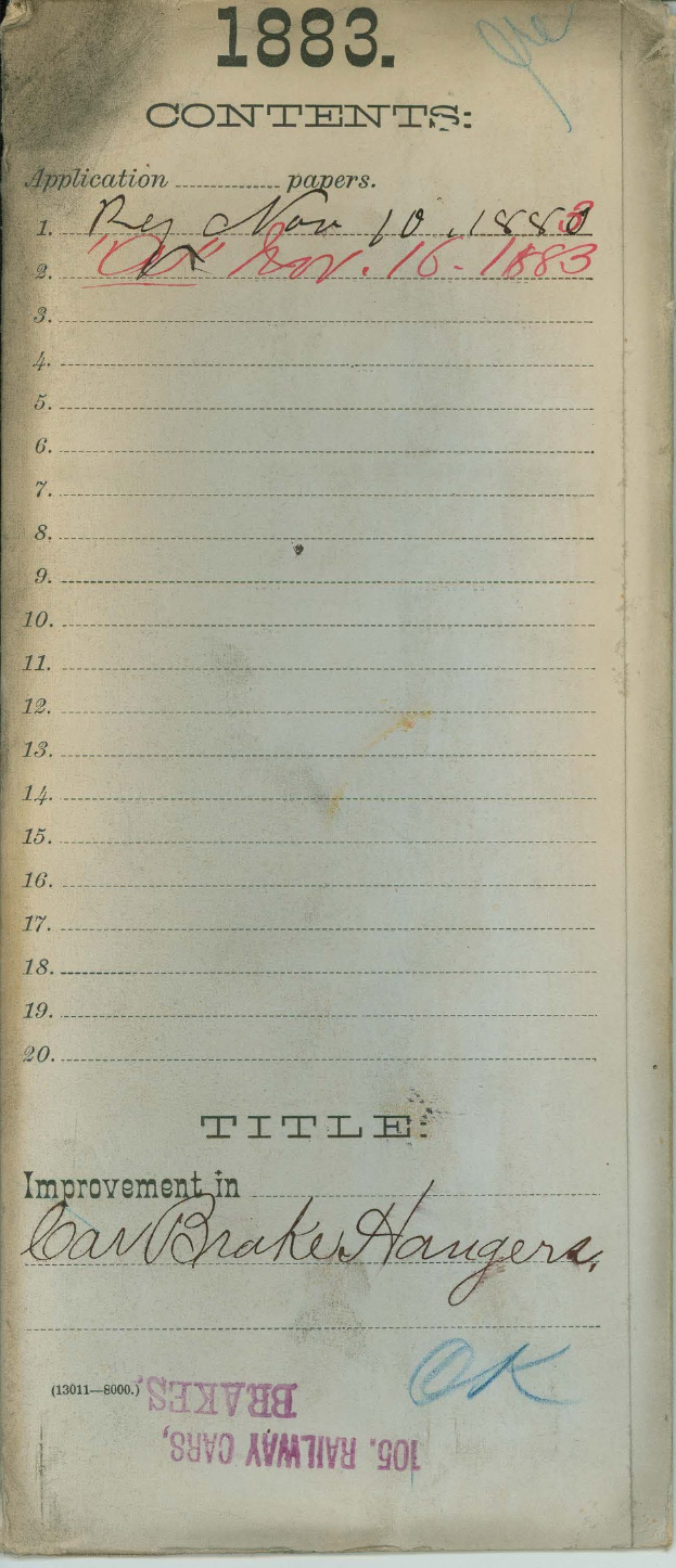 Offene Buchseite mit einer Liste von Verbesserungen für Bremser's Eisenbahnwagen aus dem Jahr 1883.