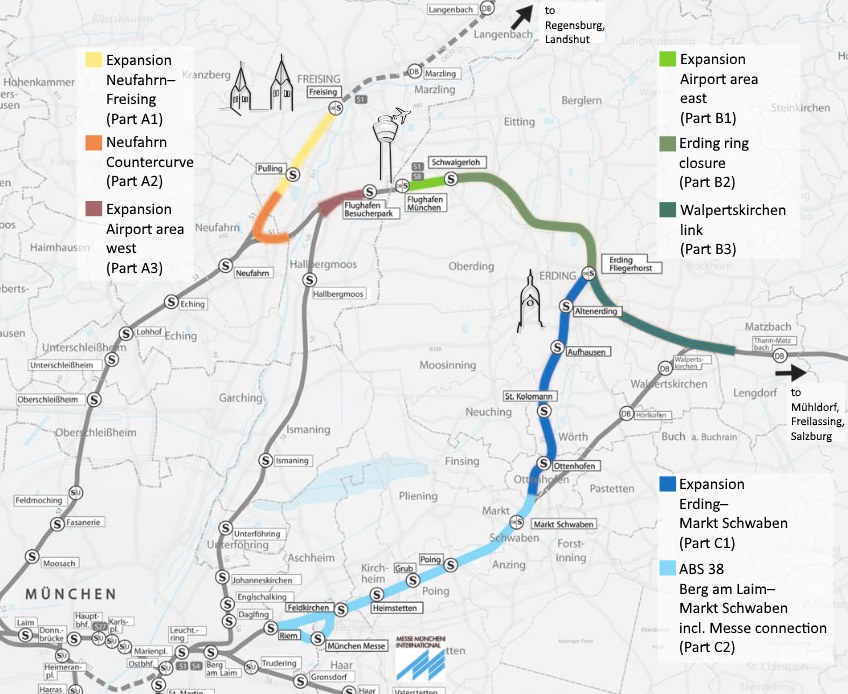 Eine detaillierte Stadtkarte, die die Bahnroute von München nach Frankfurt mit markierten Haltestellen, Entfernung und zusätzlichen Bahninformationen hervorhebt.