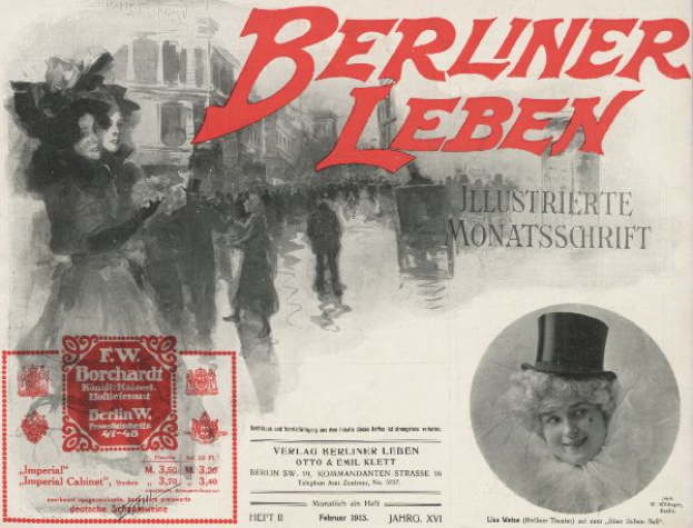 Eine Frau mit Zylinder und ein Mann im Anzug sind auf einem Plakat für das Berliner Leben Theater zu sehen, mit Text, einem Stempel und Gebäuden im Hintergrund.