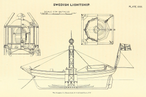 Eine Zeichnung eines Leuchtschiffs mit weißem Rumpf und blauem Segel, das eine leuchtend rote Flagge schwingt, mit deutlicher schwarzer Schrift in der Nähe.