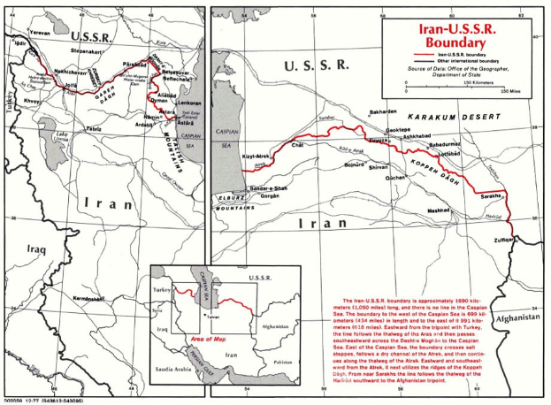 Detailierte Landkartenposter der iranisch-sowjetischen Grenze, das geographische Merkmale und Landesgrenzen mit begleitendem erklärendem Text zeigt.