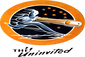 Ein Plakat, das eine Person in einem Raumanzug zeigt, die eine leuchtend gelbe Rakete hält, mit der schwarzen Schrift "Die Unerwünschten" unten, vor einem tiefblauen Hintergrund.