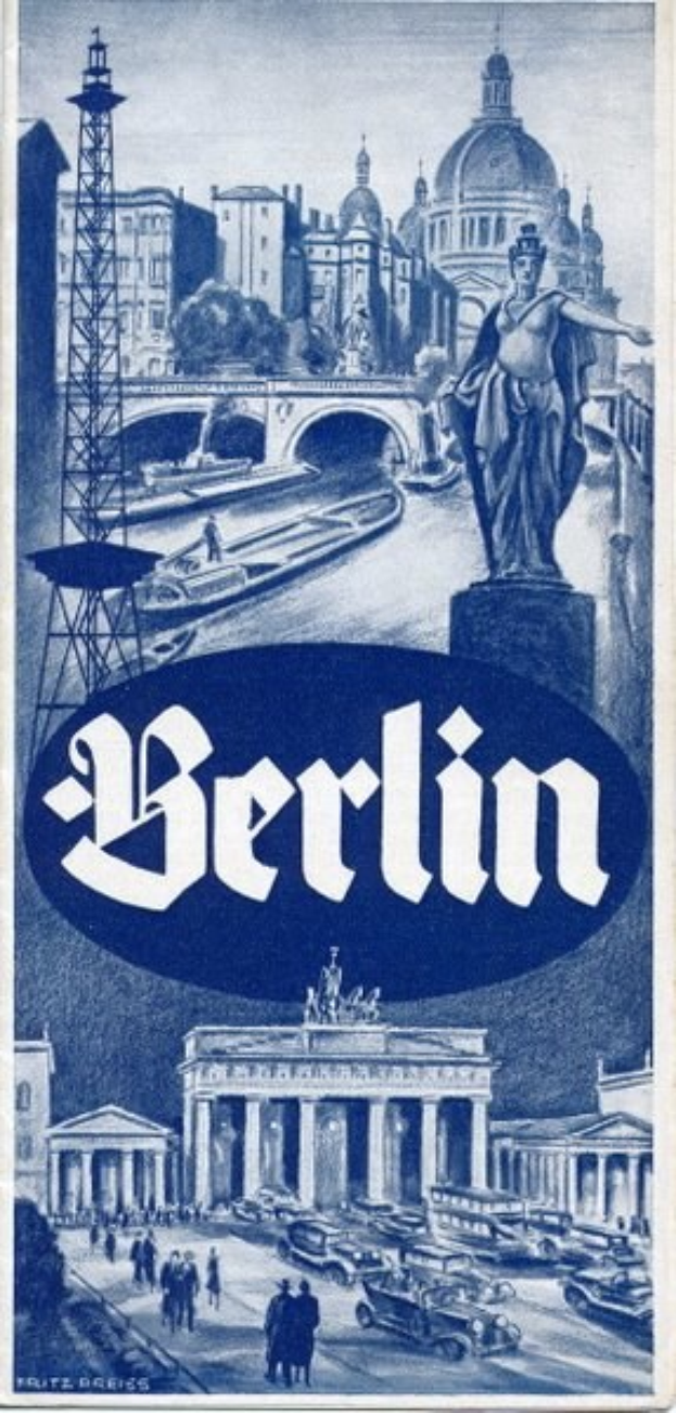 Plakat, das Berlin, Deutschland, zeigt, mit einer Statue, Gebäuden, einem Turm, Menschen, Fahrzeugen auf der Straße und einer Brücke, mit Text, der Informationen über die Stadt enthält.