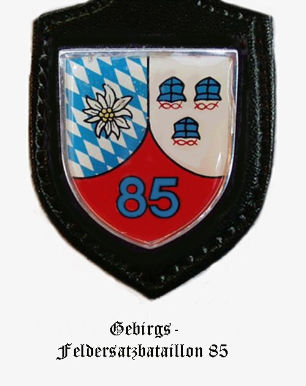 Ein rundes Abzeichen mit der Nummer 85 und deutschem Text unten, das das Logo der bayerischen Fußballmannschaft darstellt.