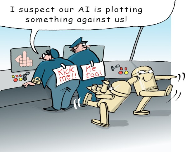 Cartoon of a police officer holding a sign saying "I suspect our AI is plotting something against us" while two robots stand before him, one holding a paper, with a screen and buttons on the wall behind.