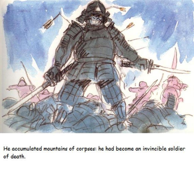 Ein Soldat steht in der Mitte des Bildes, mit einem Berg von Kursen hinter ihm, der seine Unbesiegbarkeit symbolisiert.