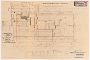 Schwarz-weißer Architekturplan des Rosenhof-Krankenhauses in Hamburg, Deutschland, der detaillierte Layouts mit zahlreichen Kabeln, Räumen, Fluren und Textanmerkungen auf altem Papier zeigt.