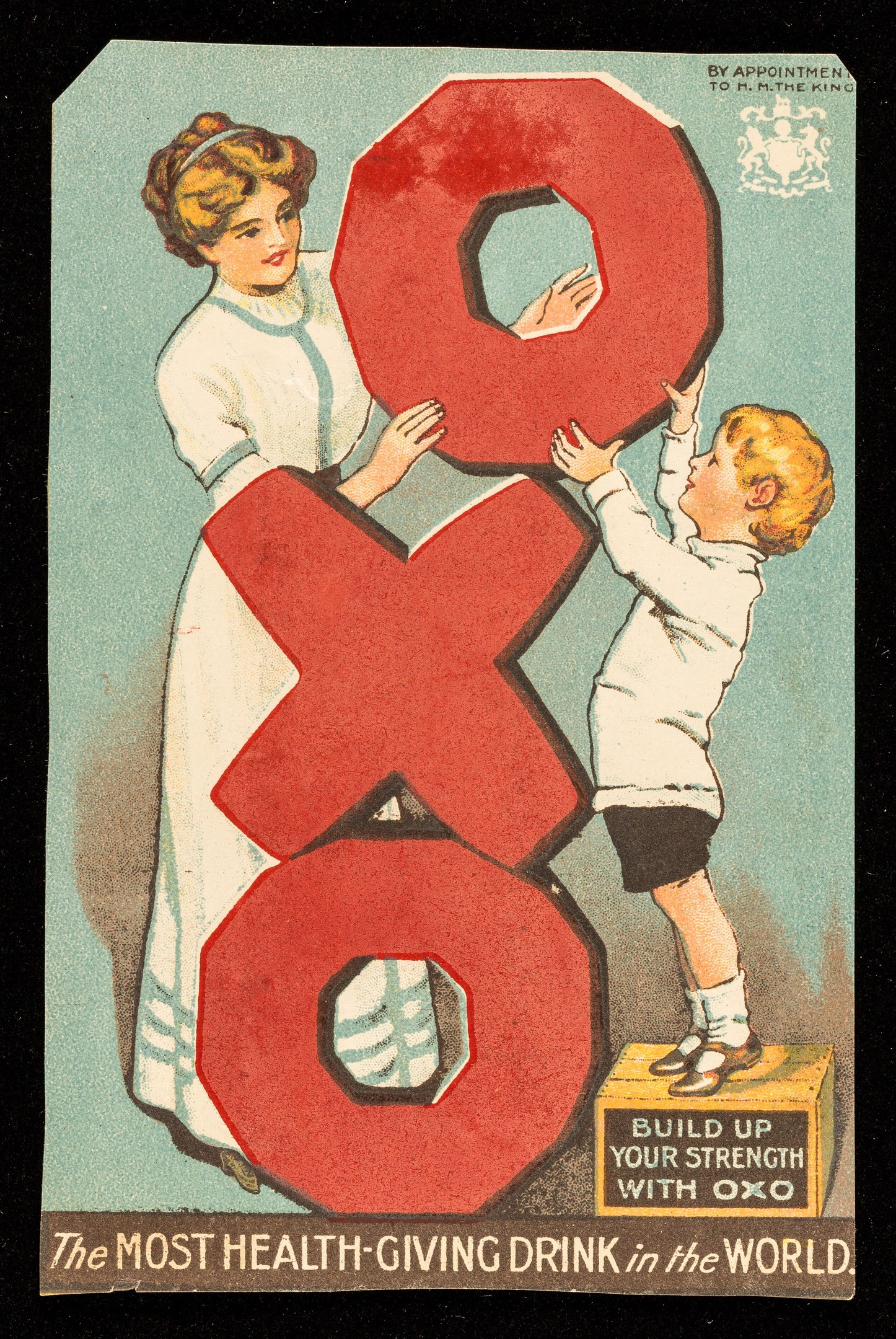 Ein Plakat mit einer lachenden Frau und einem zufriedenen Jungen, die nebeneinander stehen und jeweils eine große Zahl halten, mit dem Text "Das gesündeste Getränk der Welt" und hellen, fröhlichen Farben.