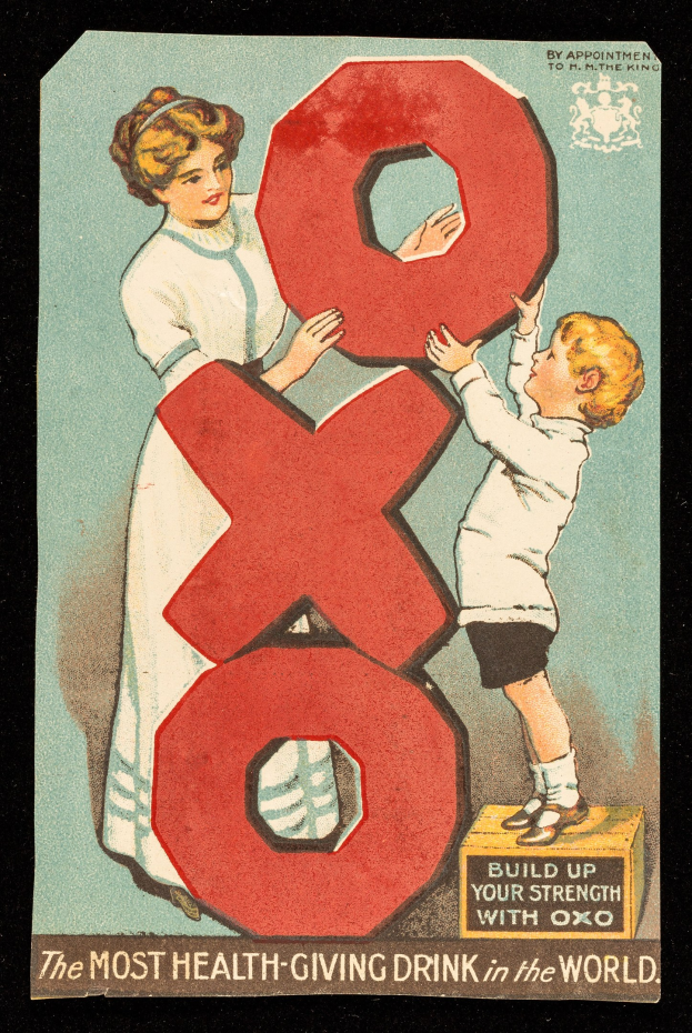 Ein Plakat mit einer lachenden Frau und einem zufriedenen Jungen, die nebeneinander stehen und jeweils eine große Zahl halten, mit dem Text "Das gesündeste Getränk der Welt" und hellen, fröhlichen Farben.