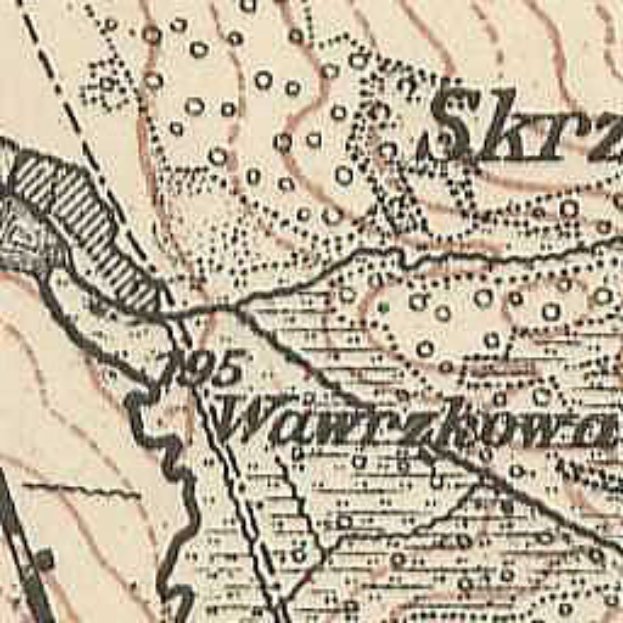 Ein detaillierter alter Stadtplan von Skrzysztof, Polen, der Straßen, Gebäude, Sehenswürdigkeiten und Text mit Informationen zur Bevölkerung, Bevölkerungsdichte und Lage der Stadt zeigt.