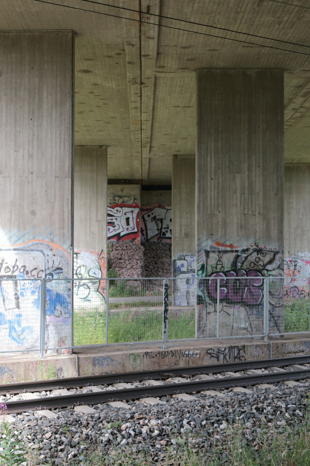 Schienenstrang mit Graffiti, begrenzt von Steinen, Gras, einem Zaun, Säulen, Drähten und einem Dach.
