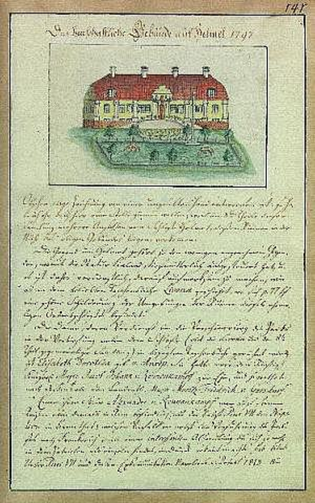 Ein historisches Dokument aus dem Jahr 1797 mit einer detaillierten Zeichnung der Schleswig-Holstein-Schule in Delmar, Deutschland, mit einem roten Dach, weißen Wänden und Text, der die Geschichte der Schule beschreibt, unterzeichnet von der Schule.