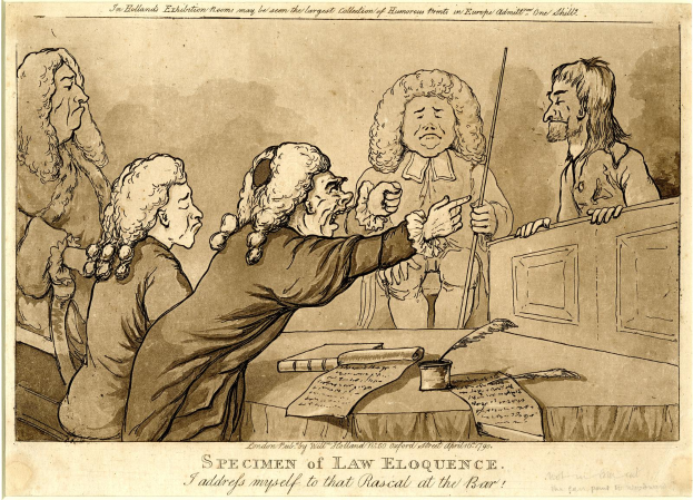 Ein Cartoon von einem Mann im Anzug und Krawatte, der vor einem Tisch mit Papieren und anderen Gegenständen steht, mit dem Text "Spiegel der juristischen Eloquenz" unten.