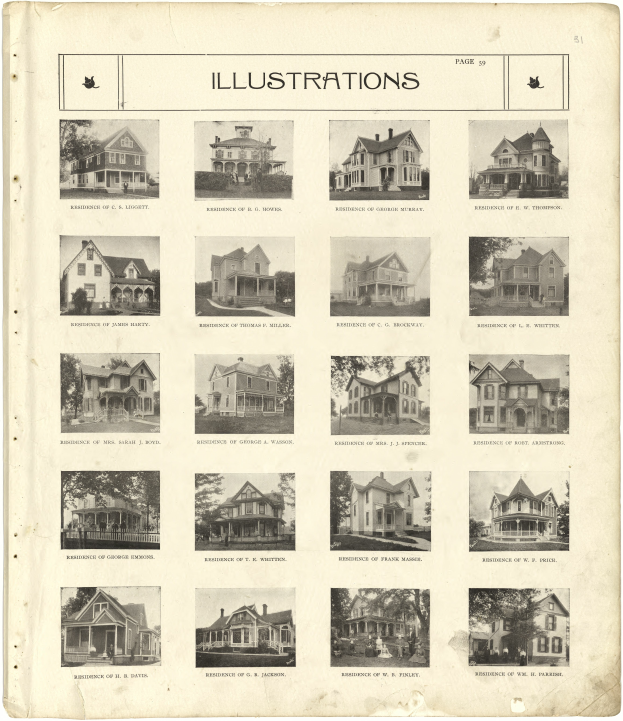 Ein altes Buch mit einer Reihe einzigartig gestalteter und farbiger Häuser mit beschreibendem Text.