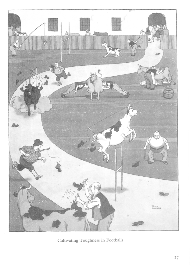 Schwarzer und weißer Zeichenstil von Menschen und Tieren auf einem Feld mit einer Wand und Fenstern im Hintergrund, mit dem Text "Zähigkeit im Fußball kultivieren" unten.