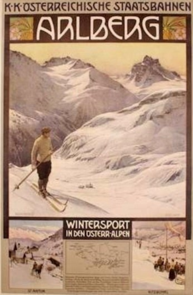 Ein Plakat, das einen Wintersport in den österreichischen Alpen bewirbt, zeigt einen Skifahrer umgeben von Bildern von Menschen und Bergen mit Text.