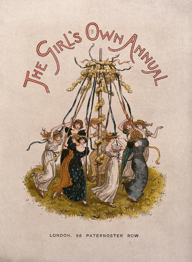 Illustration aus 'The Girl's Own Annual', die eine Gruppe von Menschen zeigt, darunter Kinder in bunten Kleidern, die um einen geschmückten Maibaum tanzen.